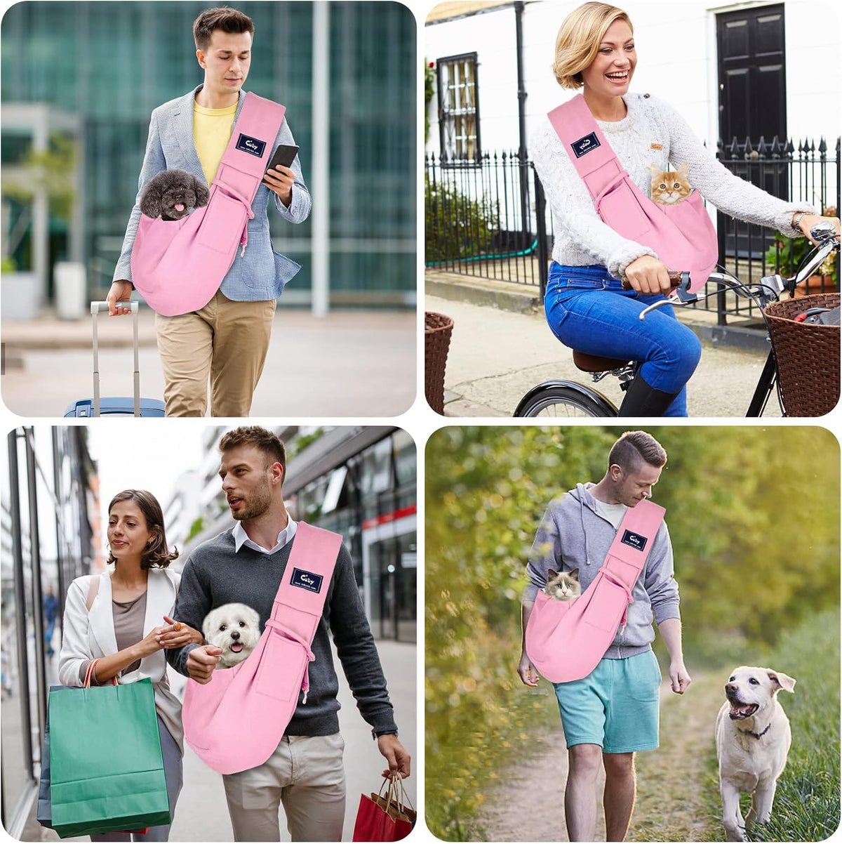Dog and Cat Sling Carrier - Hands Free Reversible Pet Papoose Bag - Soft Pouch and Tote Design - Suitable for Puppy, Small Dogs Cats Outdoor (Pink, Unadjustable Strap)