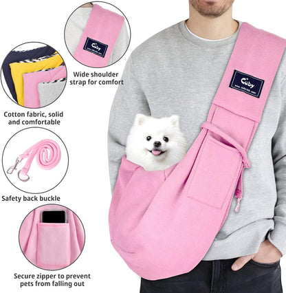 Dog and Cat Sling Carrier - Hands Free Reversible Pet Papoose Bag - Soft Pouch and Tote Design - Suitable for Puppy, Small Dogs Cats Outdoor (Pink, Unadjustable Strap)