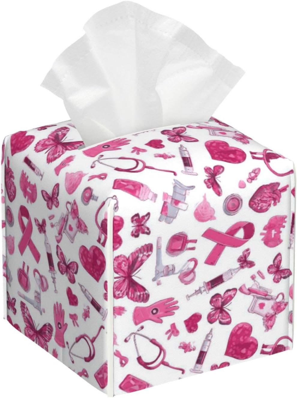 Gentle Hopeful Pink Ribbon Print Tissue Box Cover Holder Square, Foldable Modern Cube Tissue Box Cover, Leather Decorative Organizer for Tabletop Bathroom Car Office Desk Decor