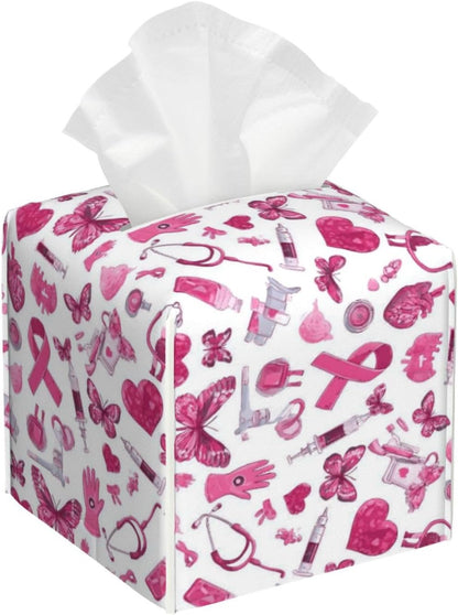 Gentle Hopeful Pink Ribbon Print Tissue Box Cover Holder Square, Foldable Modern Cube Tissue Box Cover, Leather Decorative Organizer for Tabletop Bathroom Car Office Desk Decor