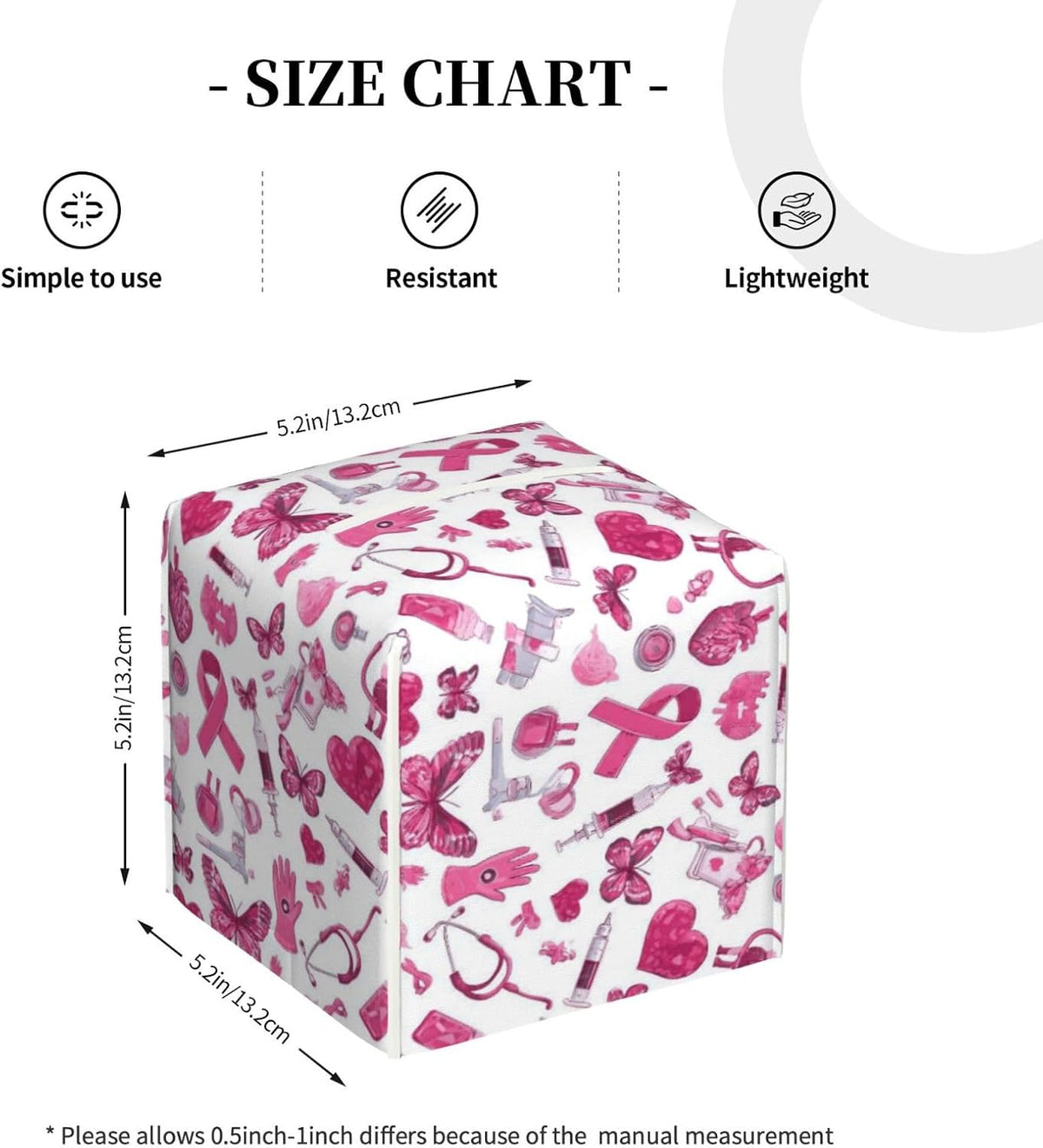 Gentle Hopeful Pink Ribbon Print Tissue Box Cover Holder Square, Foldable Modern Cube Tissue Box Cover, Leather Decorative Organizer for Tabletop Bathroom Car Office Desk Decor