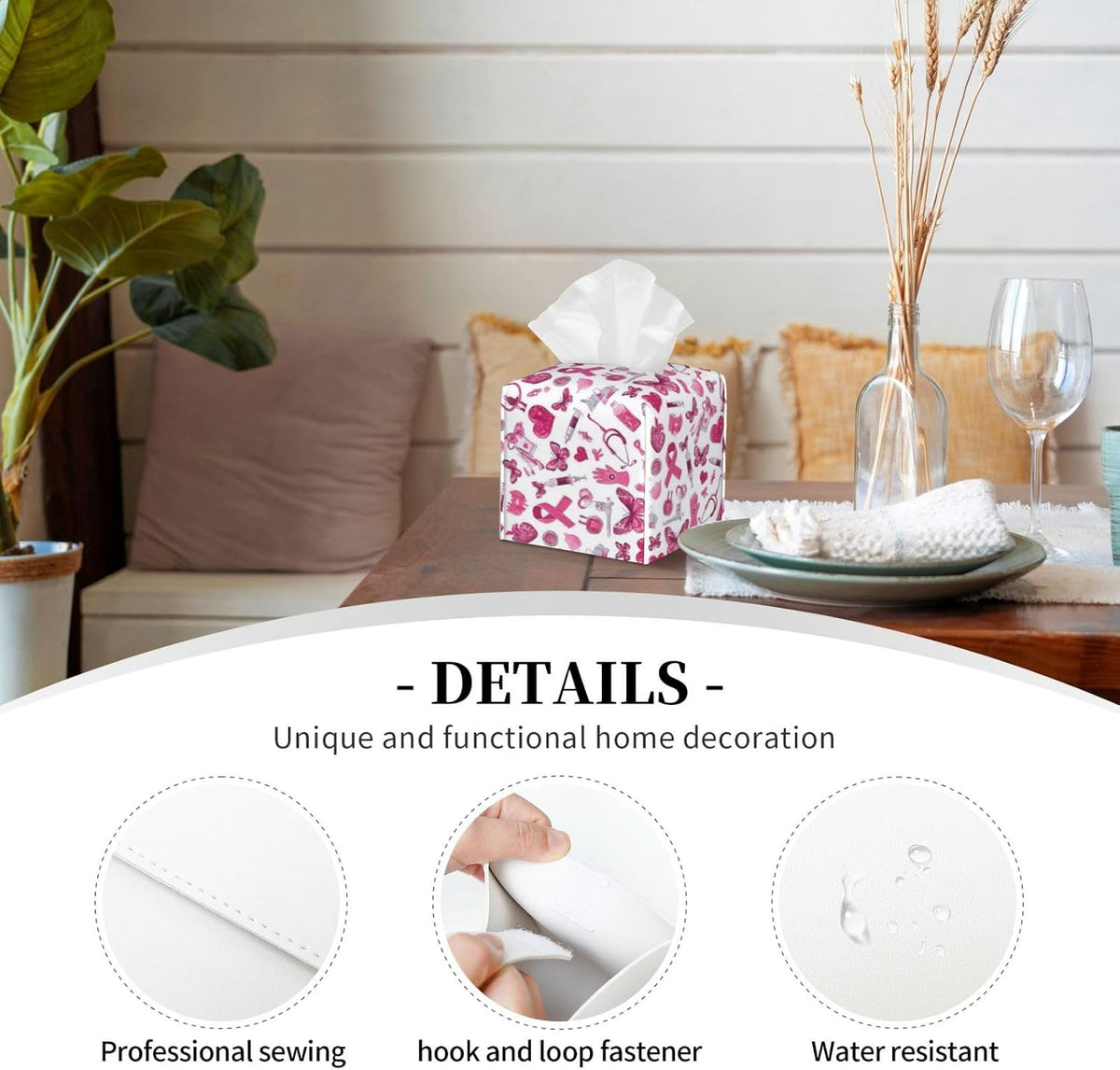 Gentle Hopeful Pink Ribbon Print Tissue Box Cover Holder Square, Foldable Modern Cube Tissue Box Cover, Leather Decorative Organizer for Tabletop Bathroom Car Office Desk Decor