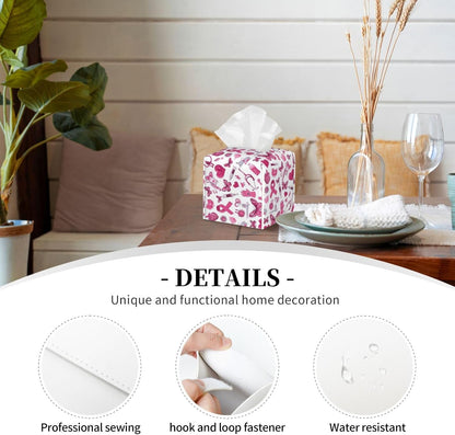 Gentle Hopeful Pink Ribbon Print Tissue Box Cover Holder Square, Foldable Modern Cube Tissue Box Cover, Leather Decorative Organizer for Tabletop Bathroom Car Office Desk Decor