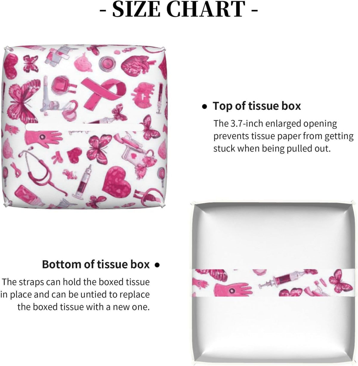 Gentle Hopeful Pink Ribbon Print Tissue Box Cover Holder Square, Foldable Modern Cube Tissue Box Cover, Leather Decorative Organizer for Tabletop Bathroom Car Office Desk Decor
