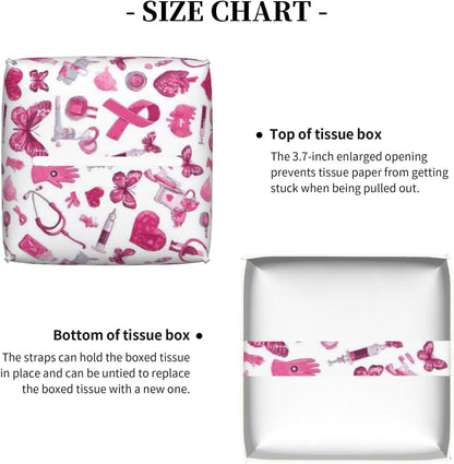 Gentle Hopeful Pink Ribbon Print Tissue Box Cover Holder Square, Foldable Modern Cube Tissue Box Cover, Leather Decorative Organizer for Tabletop Bathroom Car Office Desk Decor