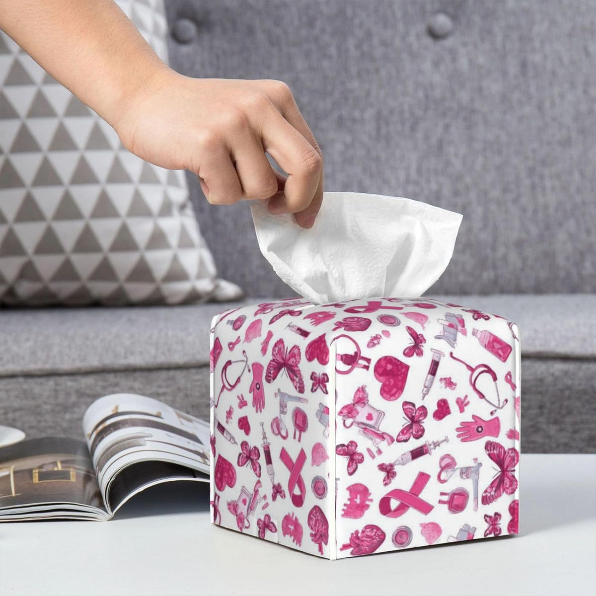 Gentle Hopeful Pink Ribbon Print Tissue Box Cover Holder Square, Foldable Modern Cube Tissue Box Cover, Leather Decorative Organizer for Tabletop Bathroom Car Office Desk Decor