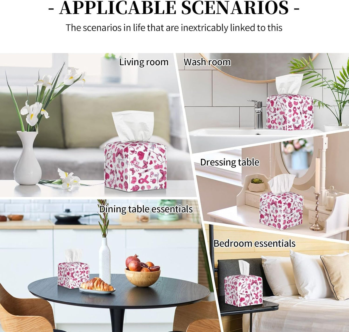 Gentle Hopeful Pink Ribbon Print Tissue Box Cover Holder Square, Foldable Modern Cube Tissue Box Cover, Leather Decorative Organizer for Tabletop Bathroom Car Office Desk Decor