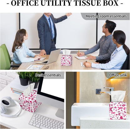 Gentle Hopeful Pink Ribbon Print Tissue Box Cover Holder Square, Foldable Modern Cube Tissue Box Cover, Leather Decorative Organizer for Tabletop Bathroom Car Office Desk Decor