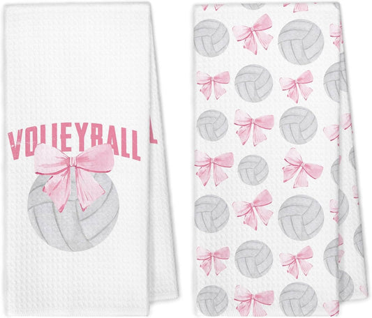 Coquette Pink Volleyball Bow Hand Towels, Volleyball Gifts for Teen Girls Players, Preppy Pink Bow Sports Decorative Hand Towels for Girls Bathroom, 16x24 Inch Set of 2