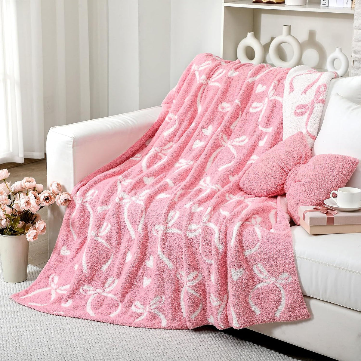 Pink Bow Throw Blanket and Pillow Set Include Coquette Blanket 50 x 60 Inch and Pink Bow Plush Throw Pillows Cushion for Baby Girls Women Gift Couch Sofa Bed Nursery Preppy Room Decorations