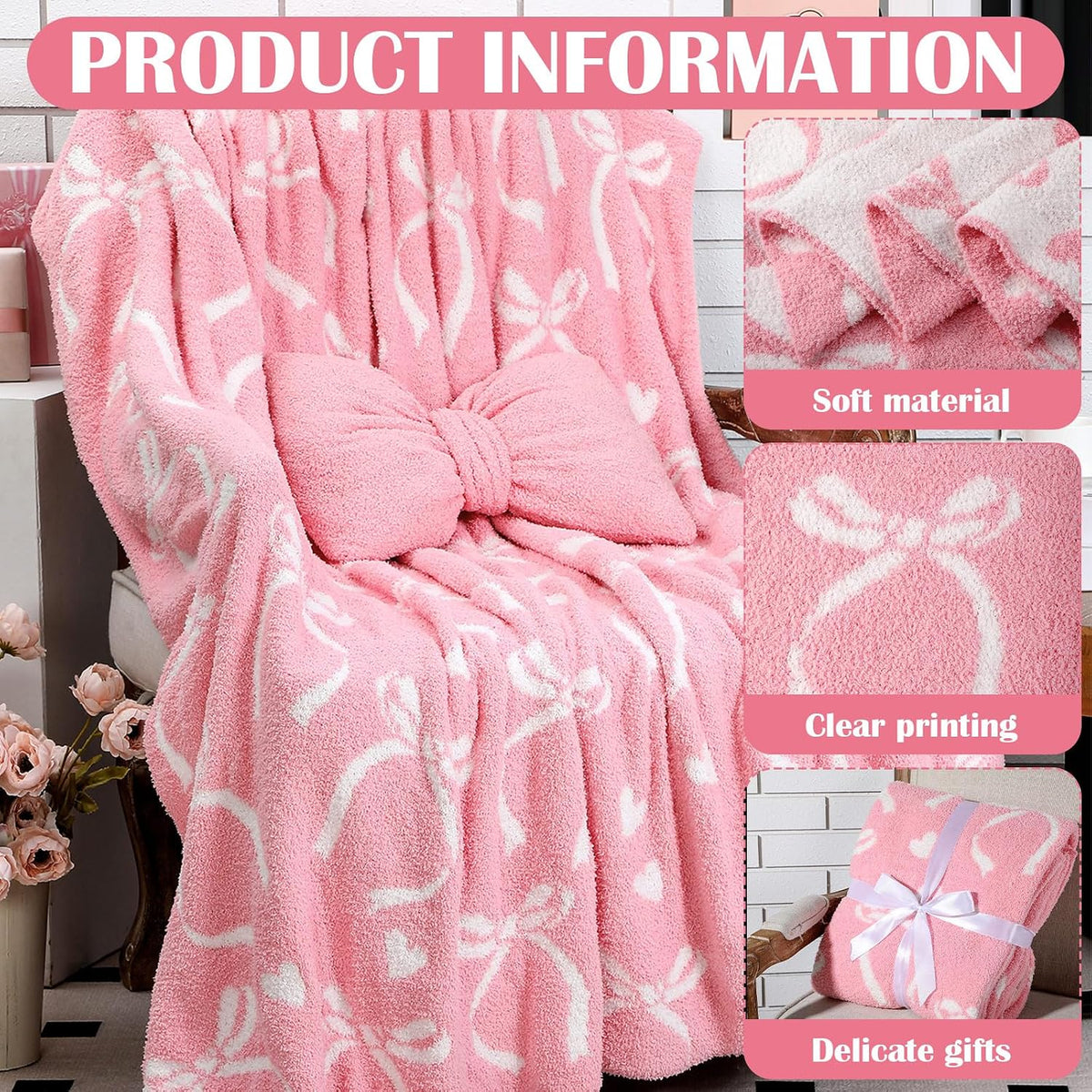 Pink Bow Throw Blanket and Pillow Set Include Coquette Blanket 50 x 60 Inch and Pink Bow Plush Throw Pillows Cushion for Baby Girls Women Gift Couch Sofa Bed Nursery Preppy Room Decorations