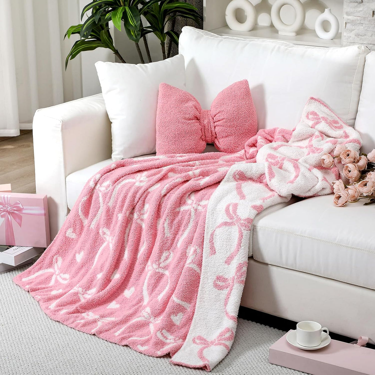 Pink Bow Throw Blanket and Pillow Set Include Coquette Blanket 50 x 60 Inch and Pink Bow Plush Throw Pillows Cushion for Baby Girls Women Gift Couch Sofa Bed Nursery Preppy Room Decorations