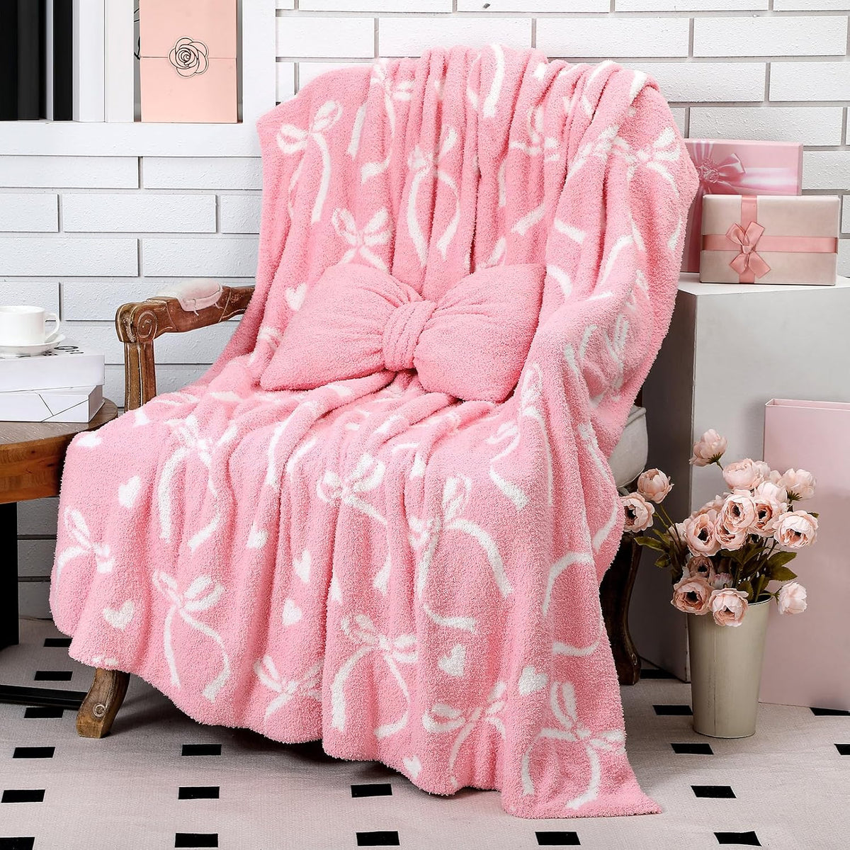 Pink Bow Throw Blanket and Pillow Set Include Coquette Blanket 50 x 60 Inch and Pink Bow Plush Throw Pillows Cushion for Baby Girls Women Gift Couch Sofa Bed Nursery Preppy Room Decorations