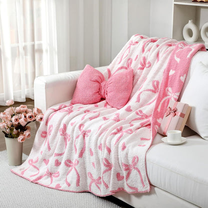 Pink Bow Throw Blanket and Pillow Set Include Coquette Blanket 50 x 60 Inch and Pink Bow Plush Throw Pillows Cushion for Baby Girls Women Gift Couch Sofa Bed Nursery Preppy Room Decorations