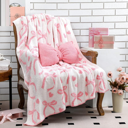Pink Bow Throw Blanket and Pillow Set Include Coquette Blanket 50 x 60 Inch and Pink Bow Plush Throw Pillows Cushion for Baby Girls Women Gift Couch Sofa Bed Nursery Preppy Room Decorations