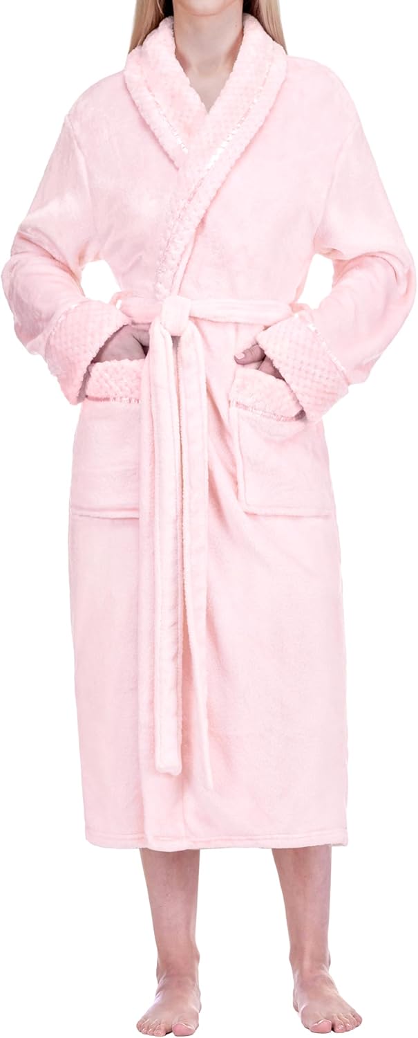 Womens Plush Fleece Robe, Soft Cozy Long Bathrobe for Women