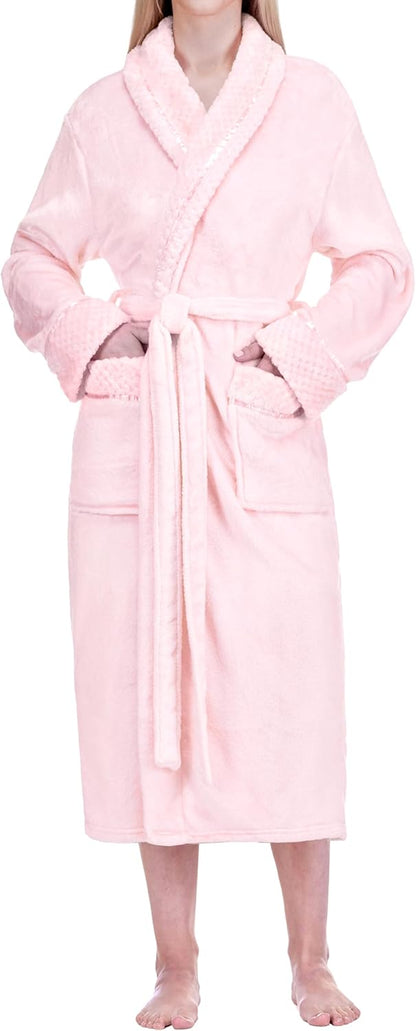 Womens Plush Fleece Robe, Soft Cozy Long Bathrobe for Women