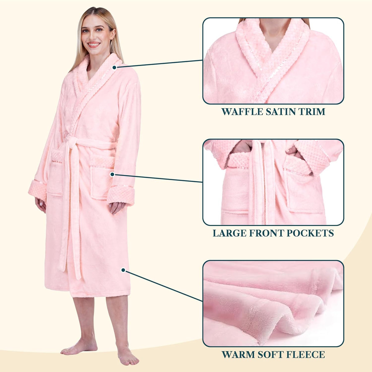 Womens Plush Fleece Robe, Soft Cozy Long Bathrobe for Women