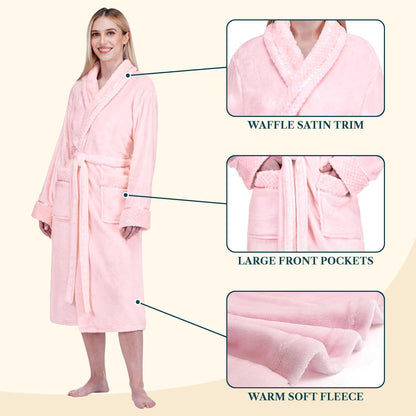Womens Plush Fleece Robe, Soft Cozy Long Bathrobe for Women