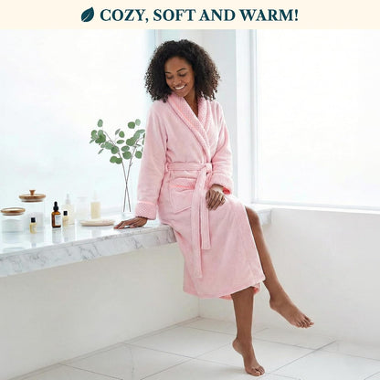 Womens Plush Fleece Robe, Soft Cozy Long Bathrobe for Women