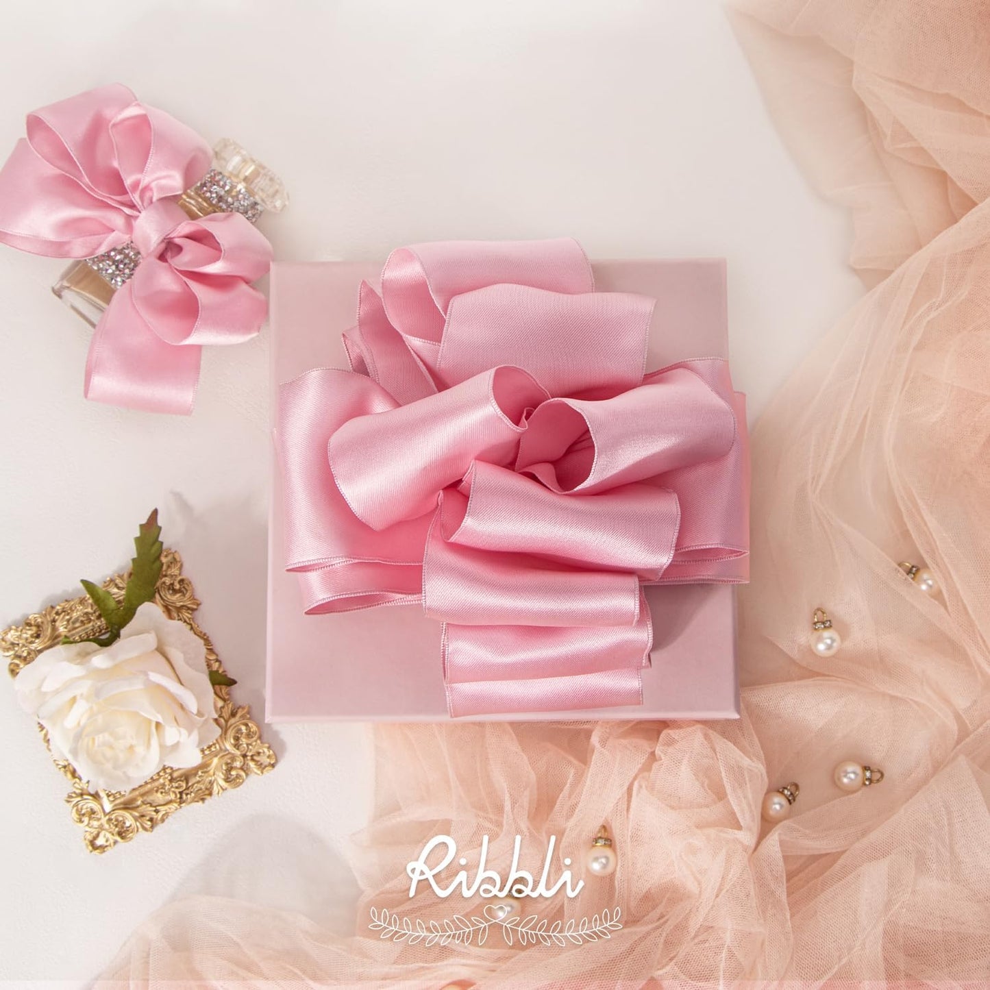 Light Pink Double Faced Satin Wired Ribbon 1.5 Inch Pink Christmas Ribbon for Gift Wrapping Wreaths Garland Tree Decoration Crafts Home Decor-Continous 10 Yards