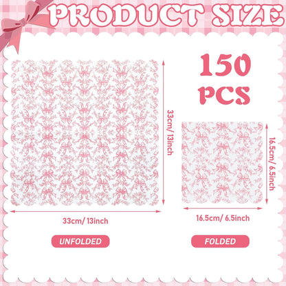 Funnymoom 150 Pcs Pink Bow Napkins Coquette Party Supplies Pink Floral Disposable Paper Napkins Bow Cocktail Beverage Serviettes Disposable for Baby Bridal Shower Party Birthday Decoration Favors