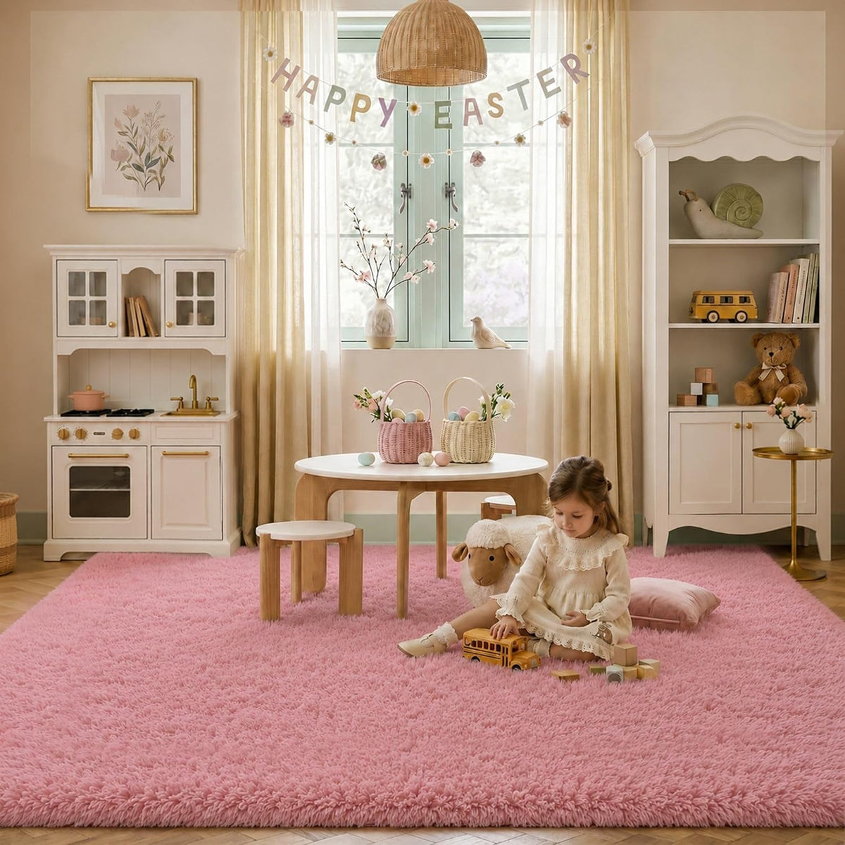 Blush Pink Fluffy Area Rug 5x8 Ft, Washable for Living Room