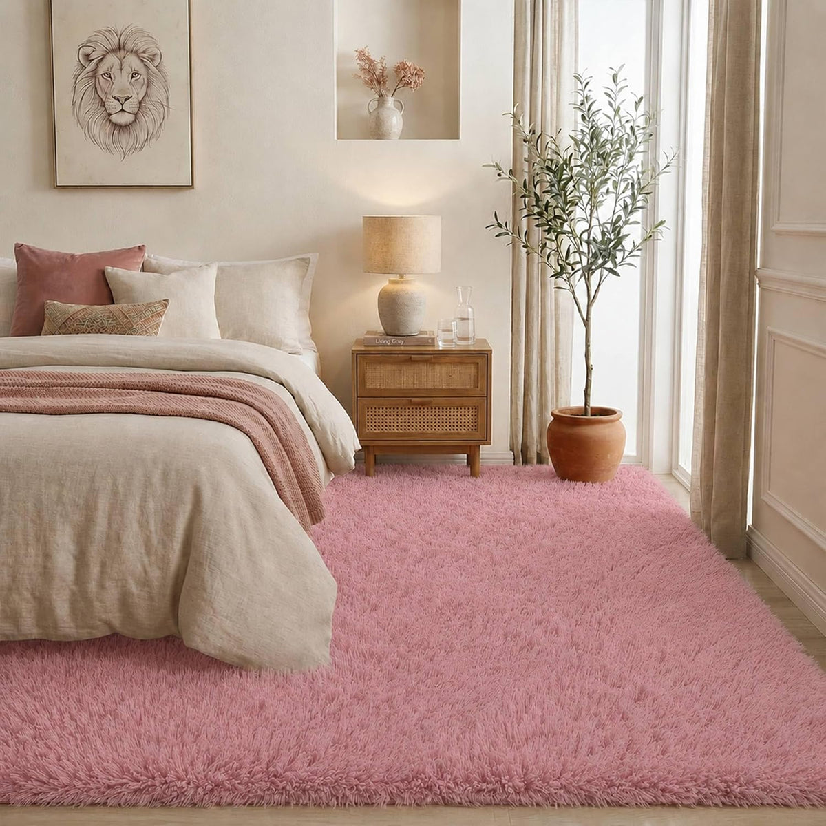 Blush Pink Fluffy Area Rug 5x8 Ft, Washable for Living Room