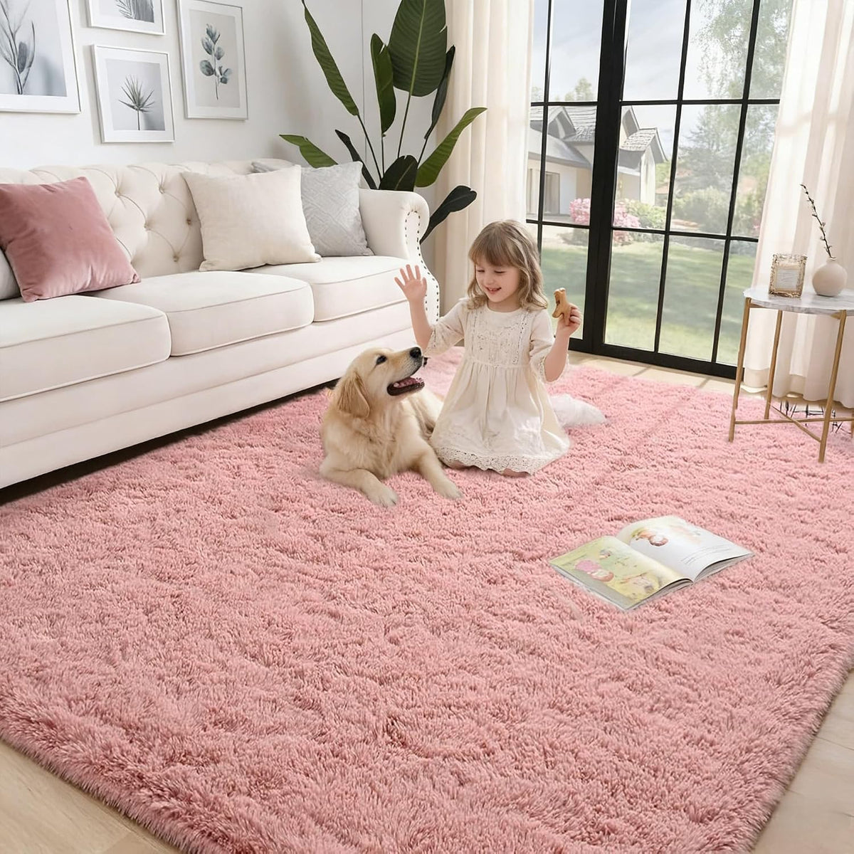 Blush Pink Fluffy Area Rug 5x8 Ft, Washable for Living Room
