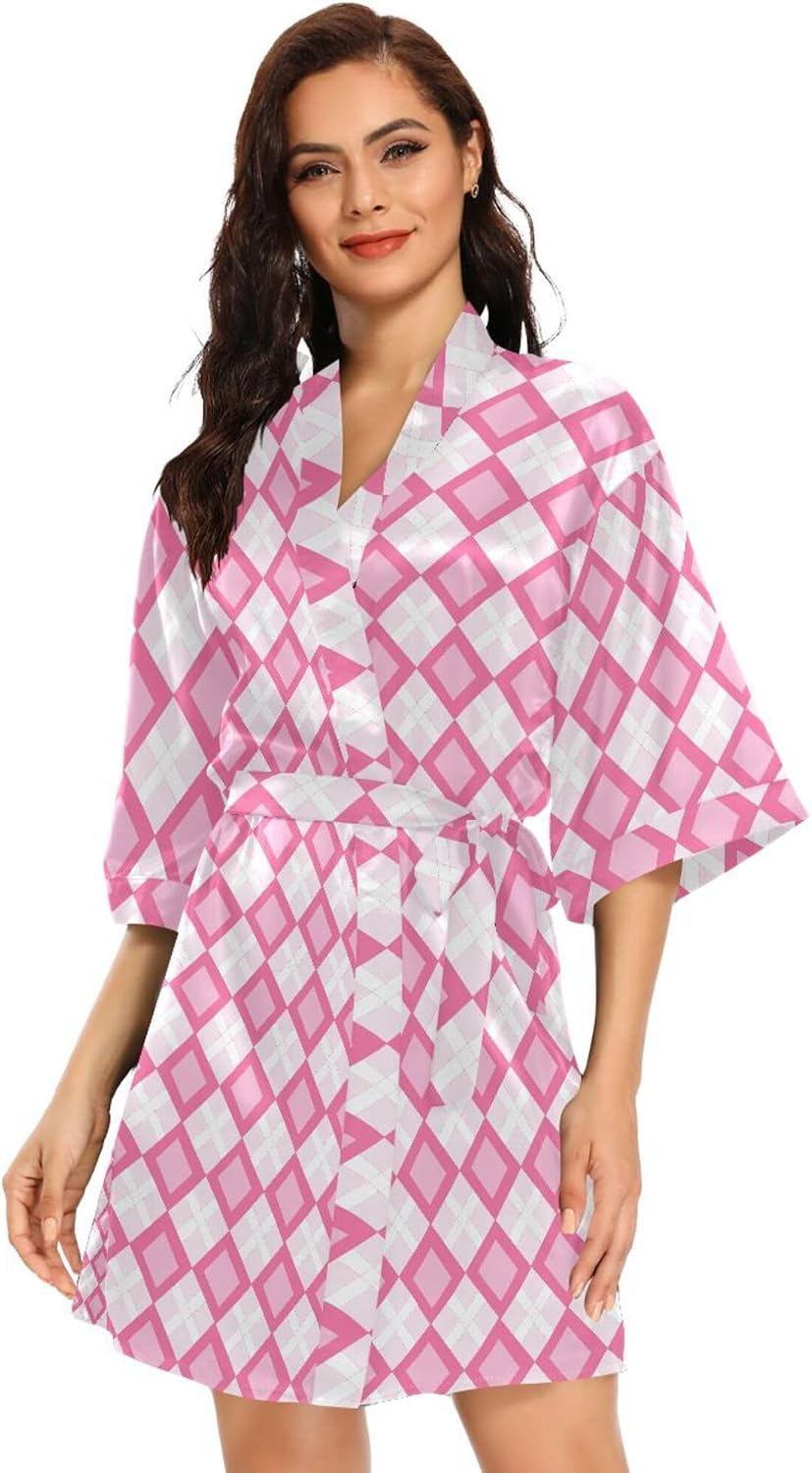 Pink White Check Women's Kimono Robes, Bathrobe Nightgown Comfy Satin Robe Loose