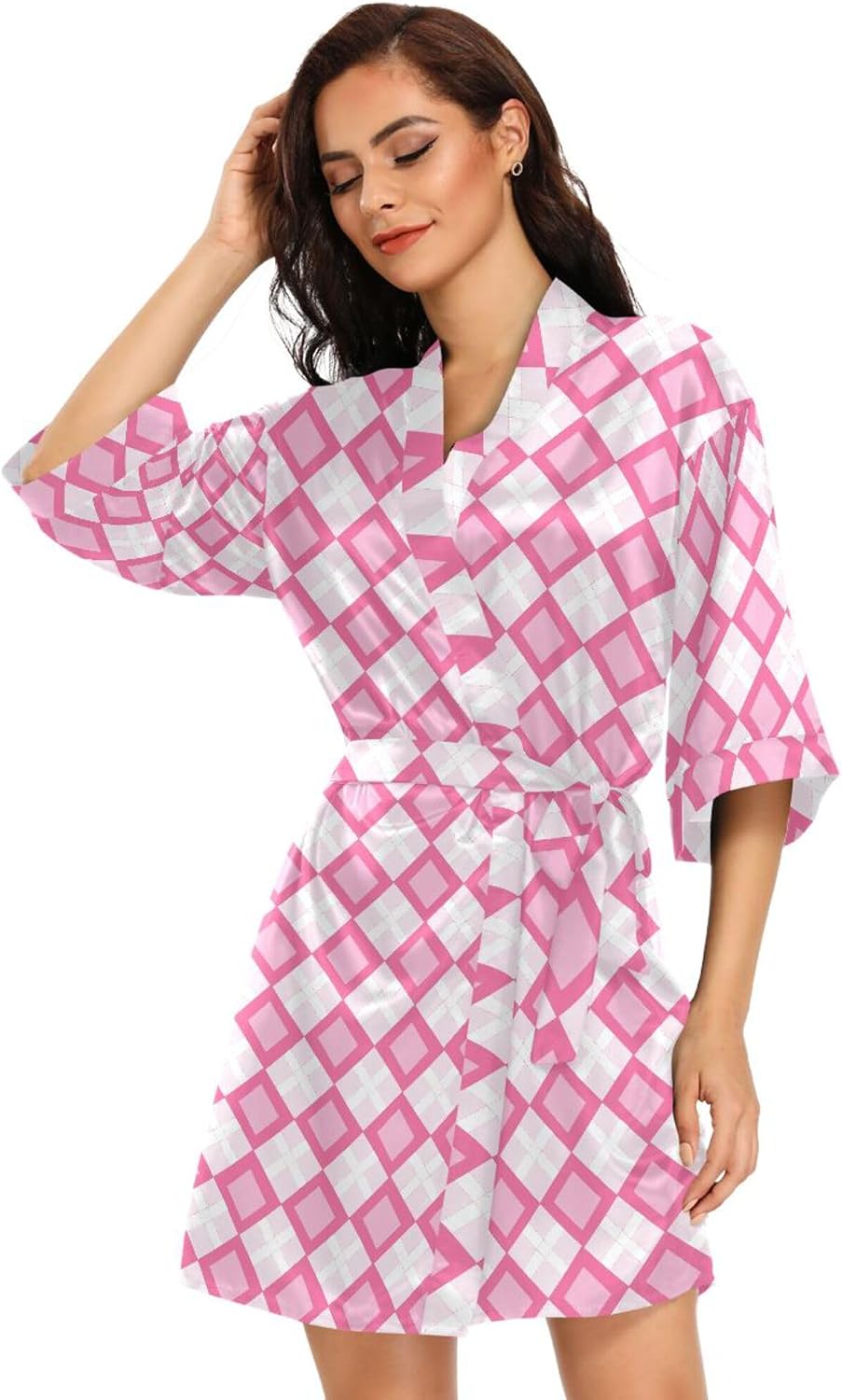 Pink White Check Women's Kimono Robes, Bathrobe Nightgown Comfy Satin Robe Loose