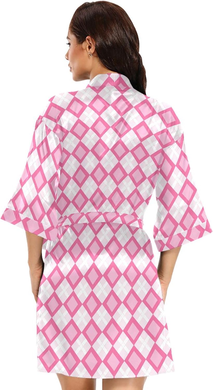Pink White Check Women's Kimono Robes, Bathrobe Nightgown Comfy Satin Robe Loose
