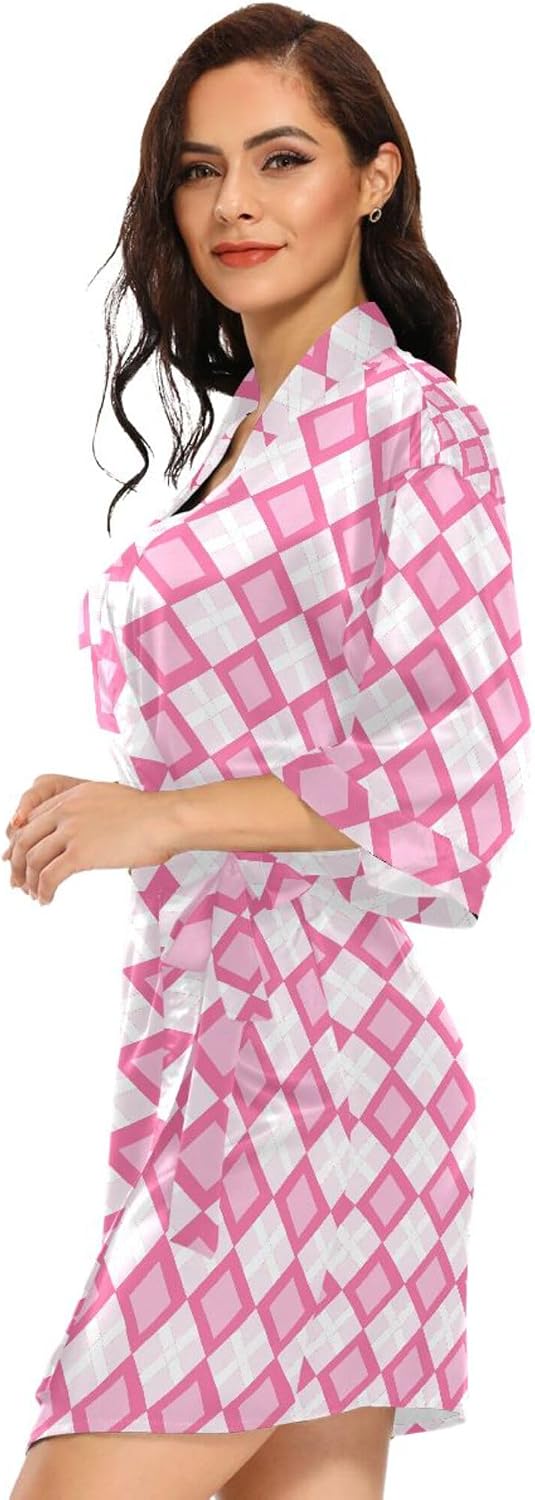 Pink White Check Women's Kimono Robes, Bathrobe Nightgown Comfy Satin Robe Loose