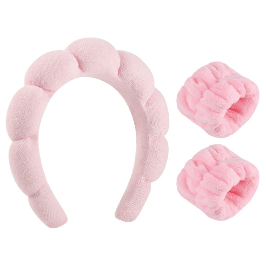 Pink Sponge Spa Headband Set With Wristbands for Face Washing