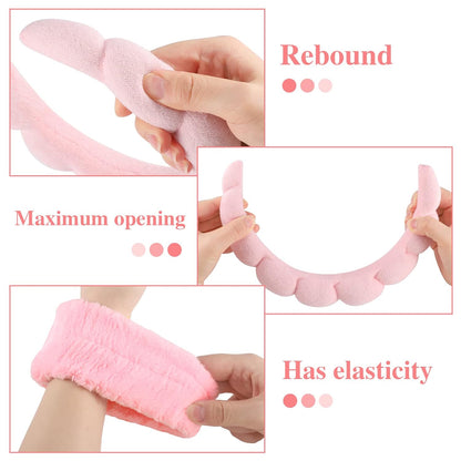 Pink Sponge Spa Headband Set With Wristbands for Face Washing