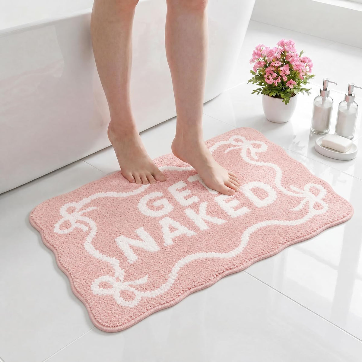 Light Pink Get Naked Bath Mat Scalloped Bow Bathroom Rug, 20" x 32"