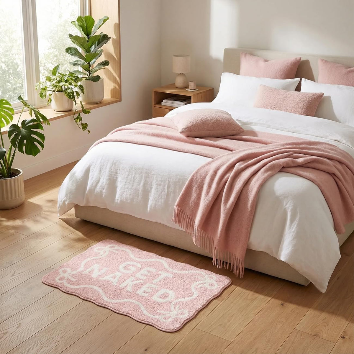 Light Pink Get Naked Bath Mat Scalloped Bow Bathroom Rug, 20" x 32"