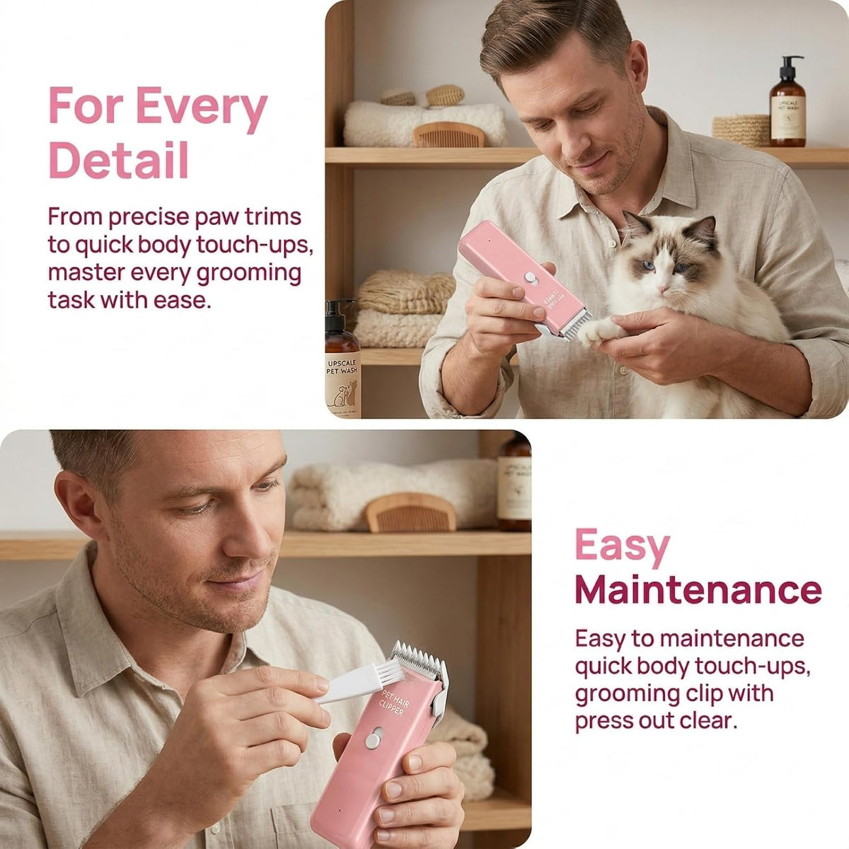 Handy Pet Hair Trimmers Recommended By The Vet,Super Quiet Long Lasting Powerful Dog Clippers(Waterproof USB Rechargeable Grooming Shavers for Dogs and Cats with Matted Coats) Pink