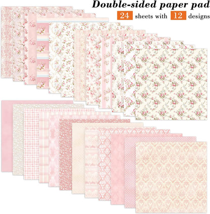 6 Inch Pink Flowers Scrapbooking Paper Pad - 24 Sheets Double Sided Aesthetic Patterns for Wedding Photos Album Journals Decorative Collage Origami DIY Crafts Gifts Wrapping Material