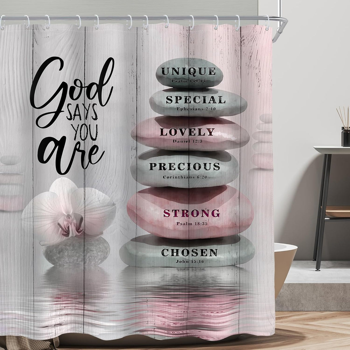 Pink Bible Verse Scripture Shower Curtain Christian Zen Stone 60Wx72L Inch