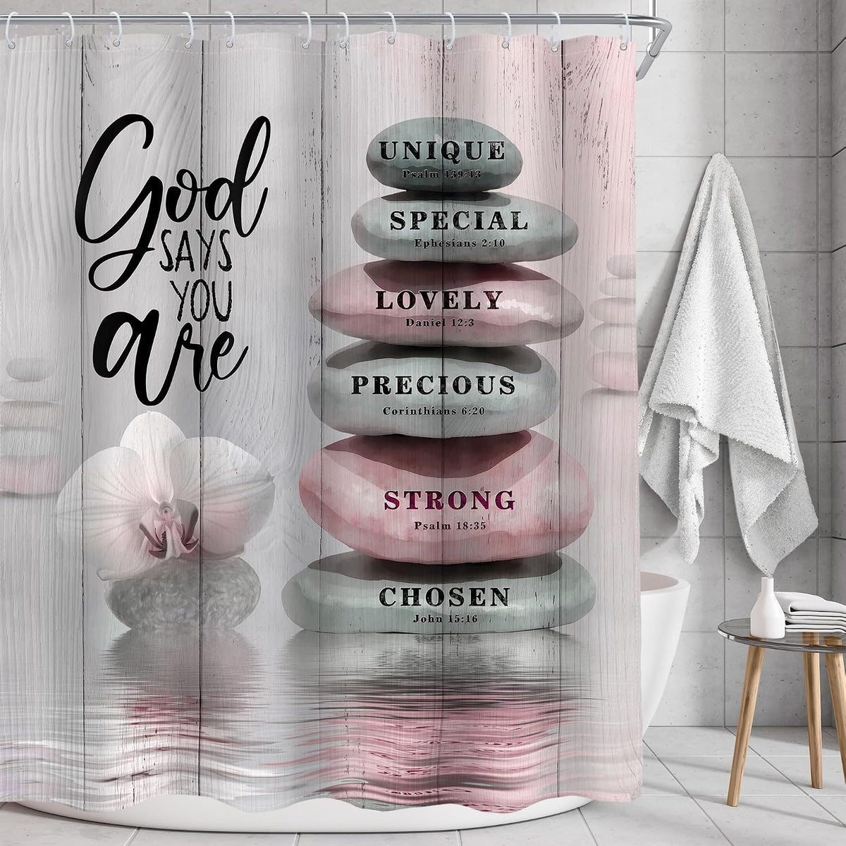 Pink Bible Verse Scripture Shower Curtain Christian Zen Stone 60Wx72L Inch