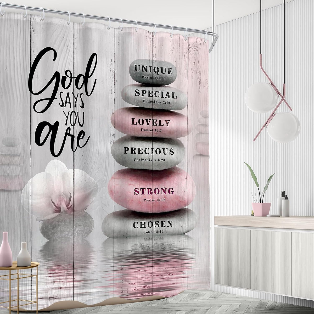 Pink Bible Verse Scripture Shower Curtain Christian Zen Stone 60Wx72L Inch