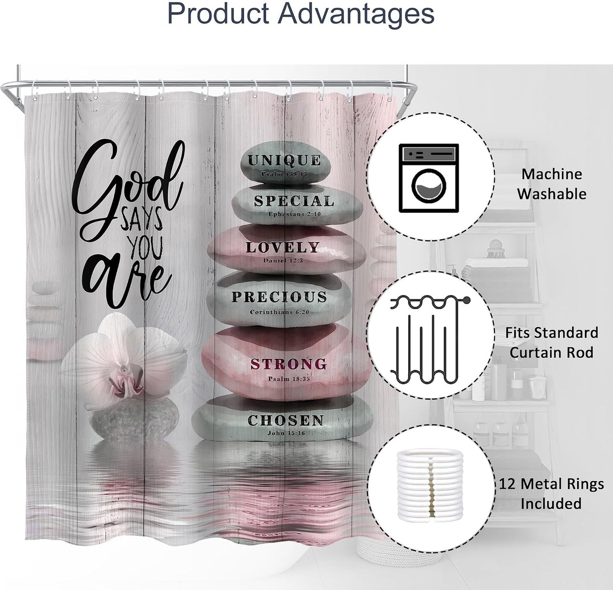 Pink Bible Verse Scripture Shower Curtain Christian Zen Stone 60Wx72L Inch