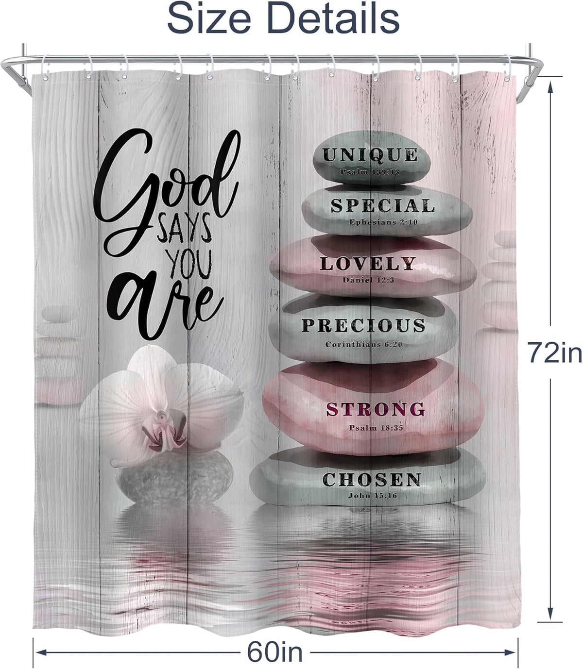 Pink Bible Verse Scripture Shower Curtain Christian Zen Stone 60Wx72L Inch