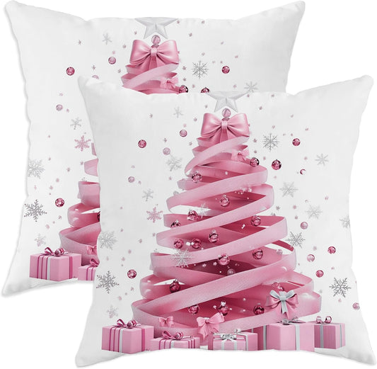 Christmas Throw Pillow Covers Set of 2, Peach Tree and Gift Decorative Cushion Cases, Holiday Square Home Decor for Sofa Bed Couch 20x20 Inch
