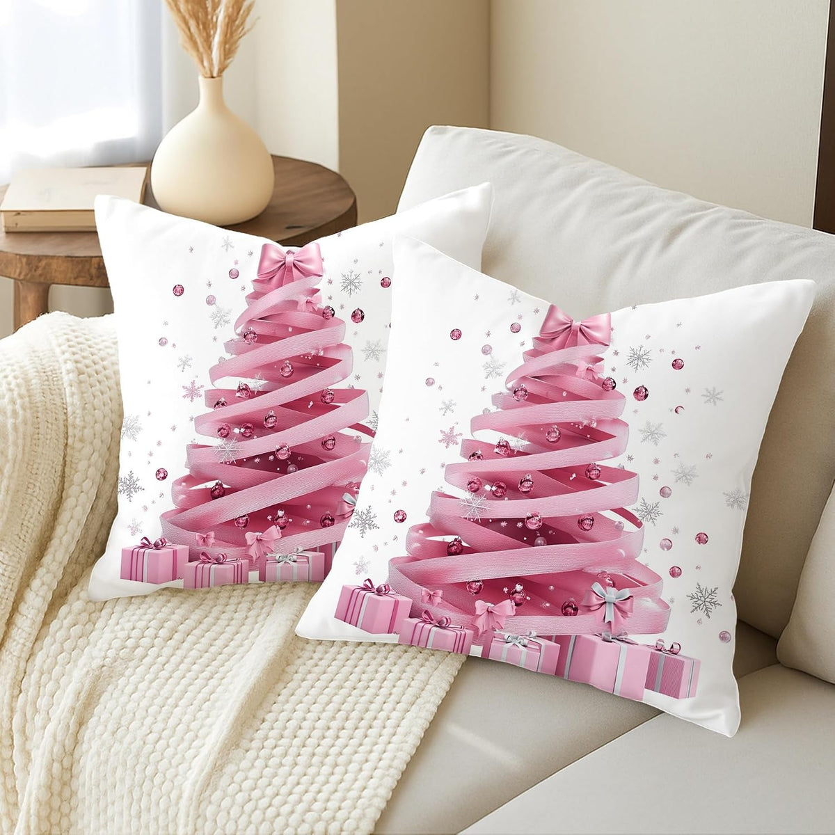 Christmas Throw Pillow Covers Set of 2, Peach Tree and Gift Decorative Cushion Cases, Holiday Square Home Decor for Sofa Bed Couch 20x20 Inch