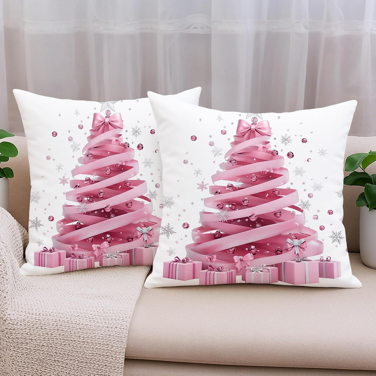 Christmas Throw Pillow Covers Set of 2, Peach Tree and Gift Decorative Cushion Cases, Holiday Square Home Decor for Sofa Bed Couch 20x20 Inch