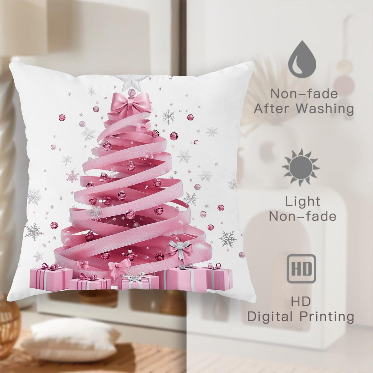 Christmas Throw Pillow Covers Set of 2, Peach Tree and Gift Decorative Cushion Cases, Holiday Square Home Decor for Sofa Bed Couch 20x20 Inch
