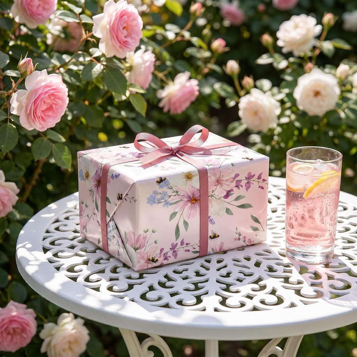 Pink Floral Wrapping Paper Roll for Wedding Bridal - 17.5" * 26 Ft
