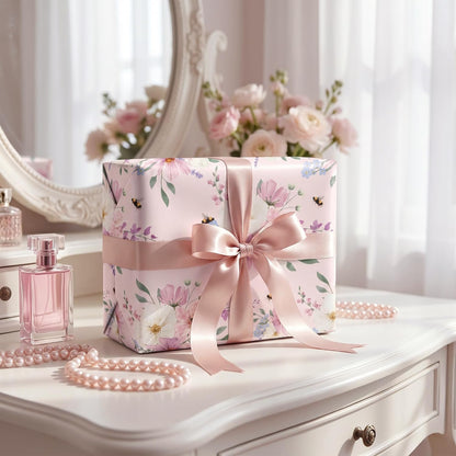 Pink Floral Wrapping Paper Roll for Wedding Bridal - 17.5" * 26 Ft